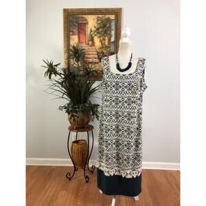 Maya Brooke Tank Dress Women’s 14W White Blue Geo Print Sleeveless Full Zipper